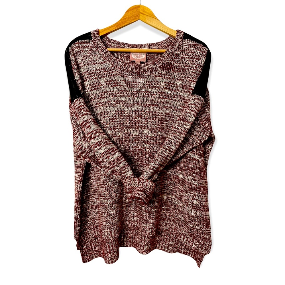 Romeo & Juliet Couture Burgundy Knit Sweater with Faux Leather Studded Shoulders
